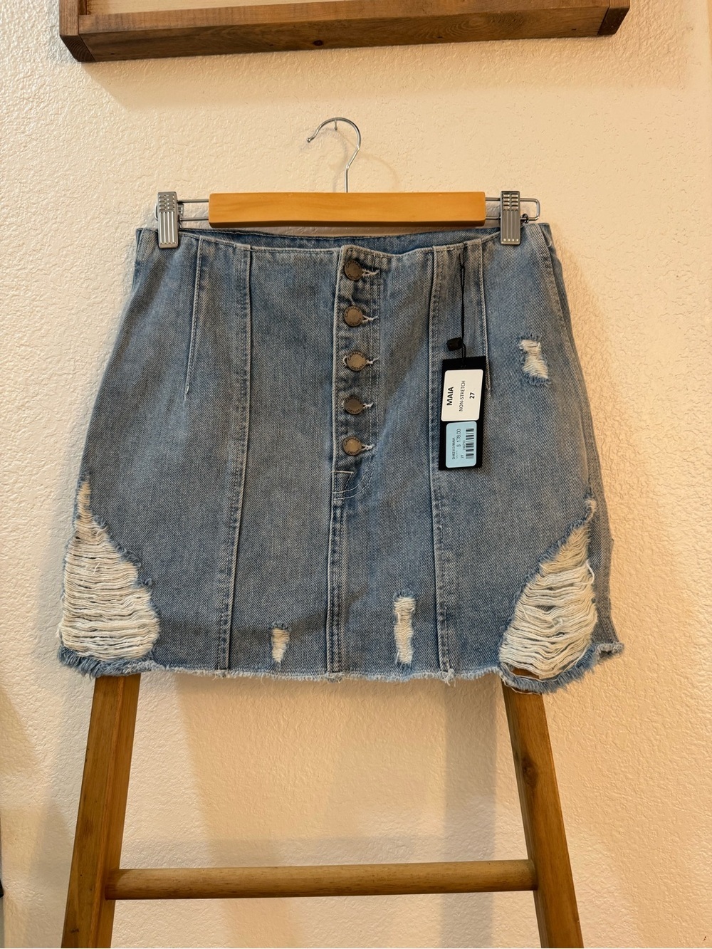 Carmar Light Blue Distressed Button-Front Denim Mini Skirt